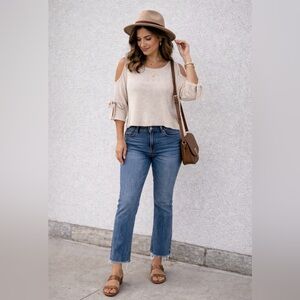 Wishlist Beige Cream Lightweight Sweater with Unique Bell Open Tie Sleeve
